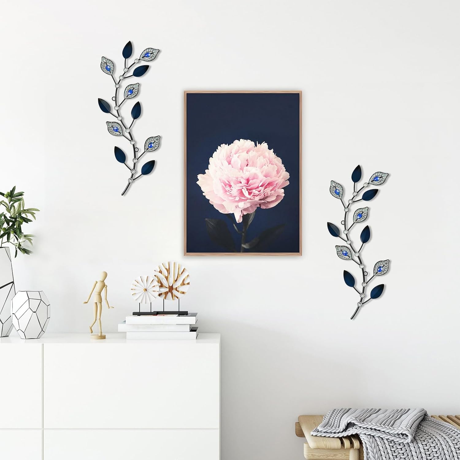 Cityelf 3 Set Crystal Leaf Wall Art Sculpture Iron Tree Leaves Branch Hanging Wall Décor Jeweled Bling Home Deor Acrylic Diamond Accent …
