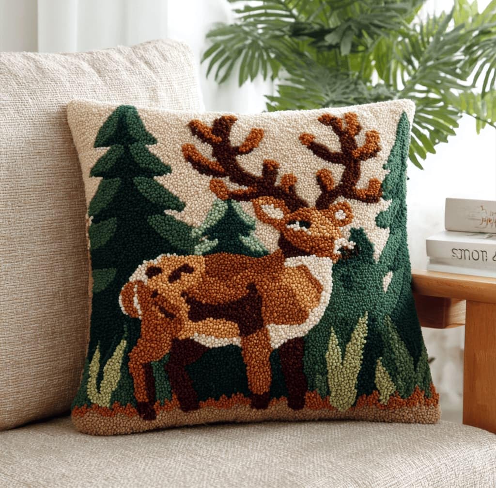 Kitquiver Latch Hook Kits for Adults Elk Rug Cover Pillowcase Beginner DIY Needlework Embroidery Kits Handmade Set Craft Sofa Home Decor 43X43Cm