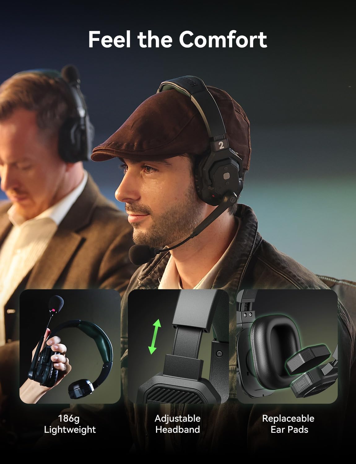 Close-up of a user wearing a Solidcom SE PRO headset, highlighting its lightweight design, adjustable headband, and replaceable ear pads.