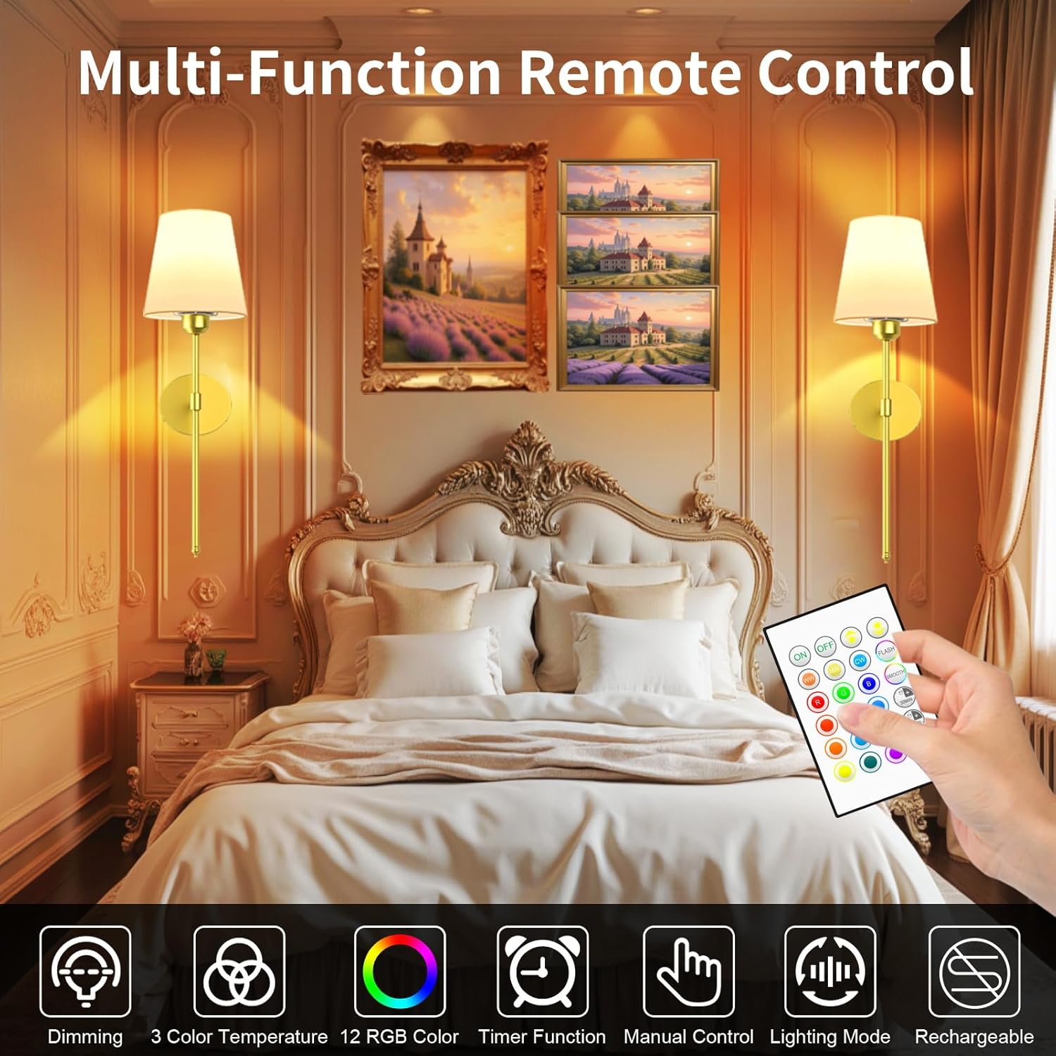 Battery Operated Wall Sconce Set of 2 - Rechargeable Wireless Wall Lights with Remote, 6000mAh Dimmable Bulbs with 15 Colors, Wall Decor for Living Room, Bedroom, and Hallway (Gold)