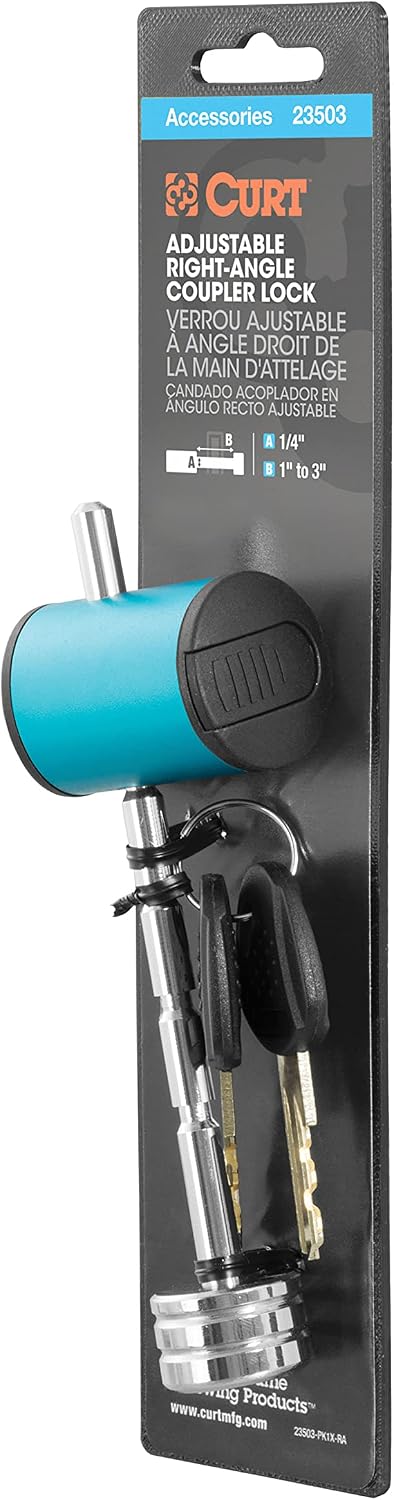 CURT 23503 Right-Angle Trailer Coupler Lock, 1/4-Inch Pin Diameter, Up to 3-Inch Span, BLUE ANODIZED ALUMINUM