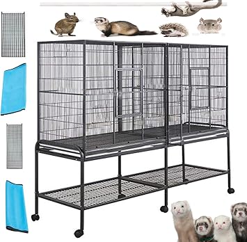 54" Large Double 3-Levels Small Animals Critters Wrought Iron Chew Proof Cage Center Slide Out Divider Tight 1/2-inch Bar Spacing Removable Rolling Stand Ferret Squirrel Chinchilla Rat Mouse