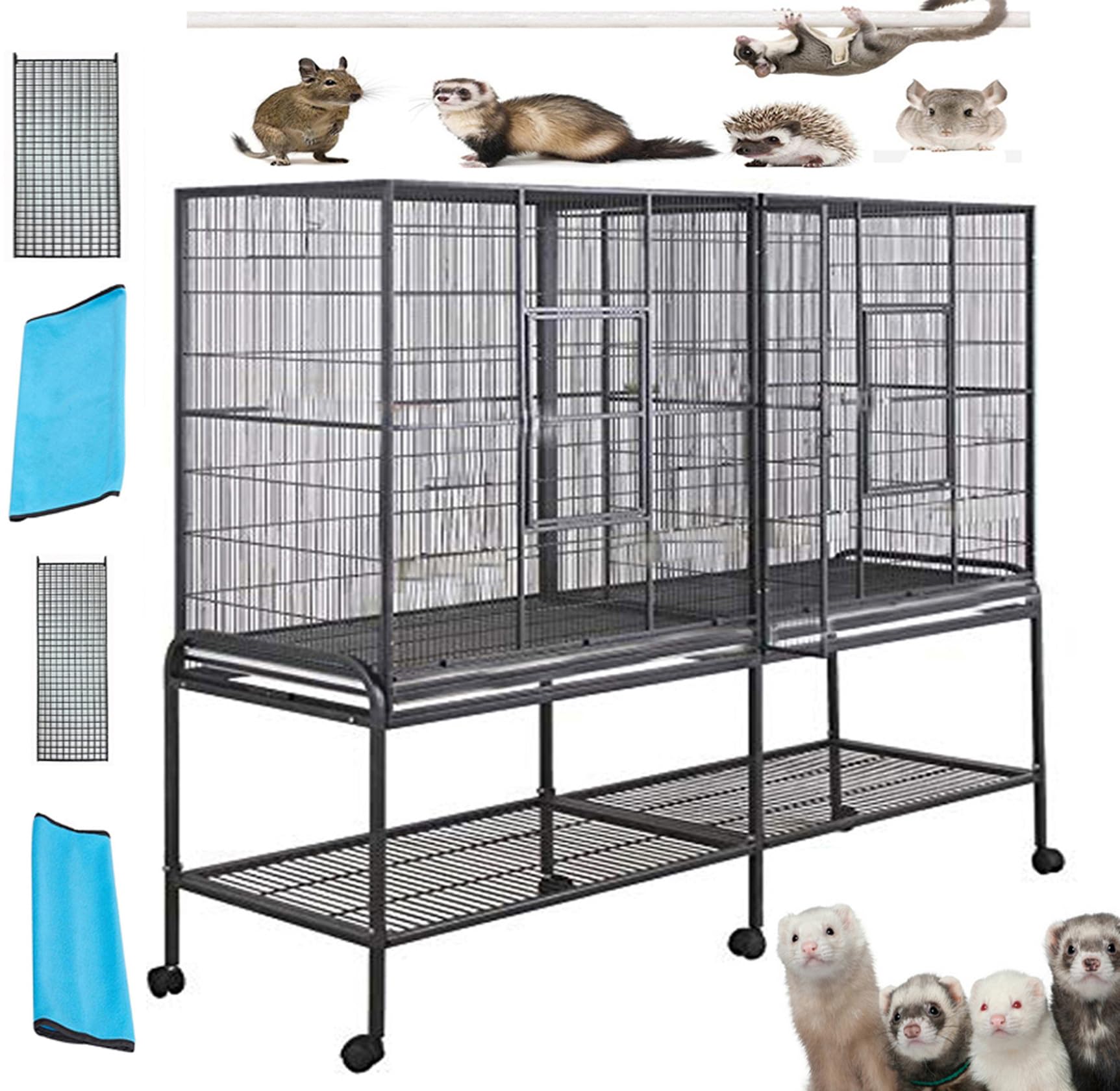 54" Large Double 3-Levels Small Animals Critters Wrought Iron Chew Proof Cage Center Slide Out Divider Tight 1/2-inch Bar Spacing Removable Rolling Stand Ferret Squirrel Chinchilla Rat Mouse