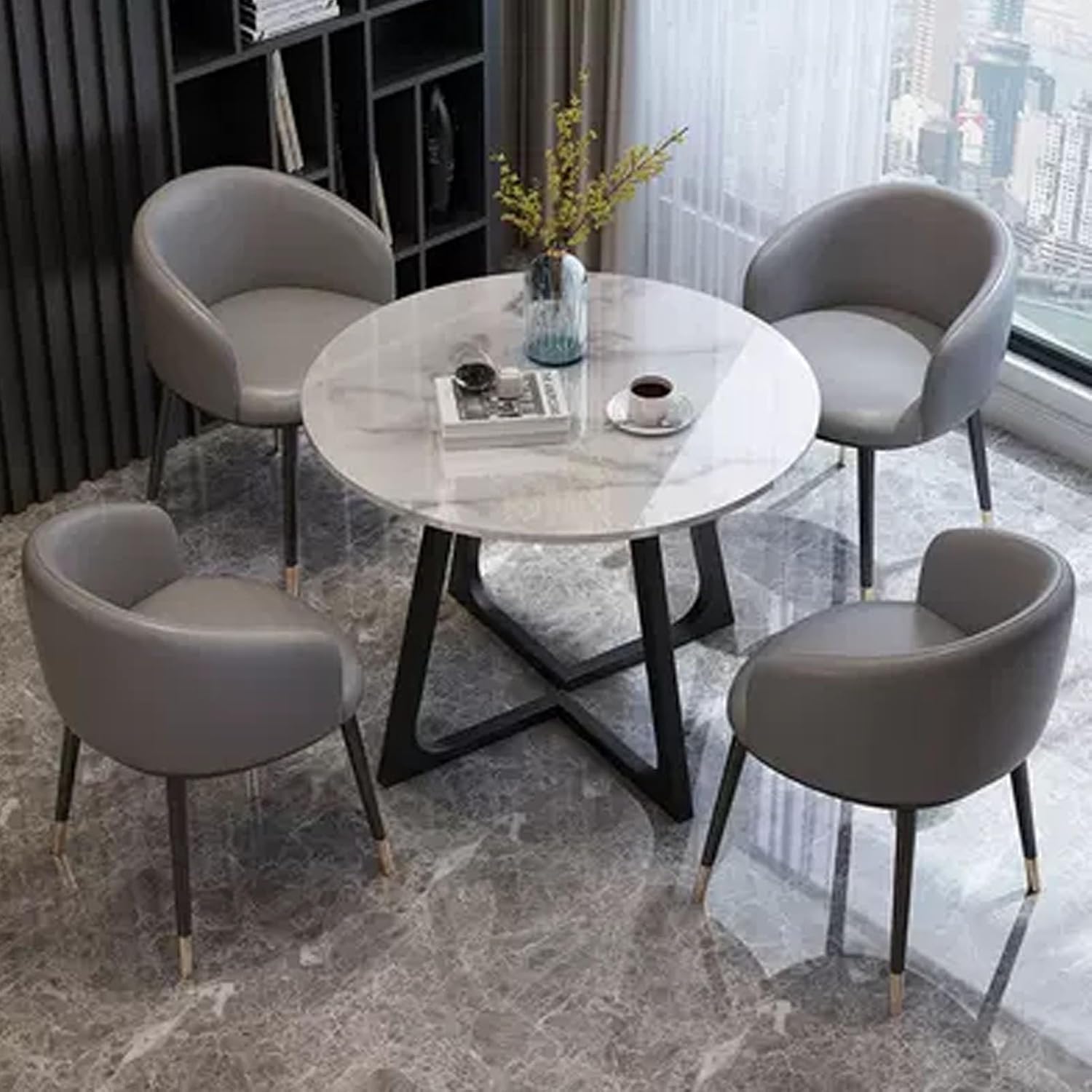 Negotiation Table and Chair Set, Round Coffee Table and Chair Set, Office Reception Room Club Table, Small Space Dining Table Set for 4, for Reception Room, Living Room(Dark Gray)