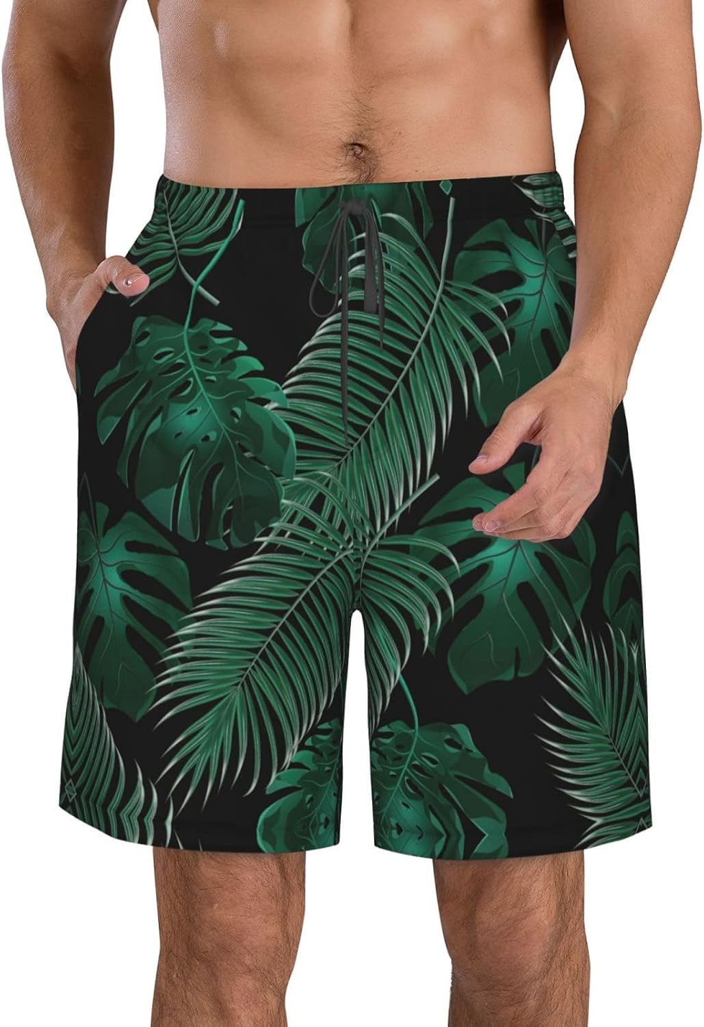 Mens Banana Leaf Green Print Beach Shorts,Casual Summer Shorts for Men,Quick Dry Polyester