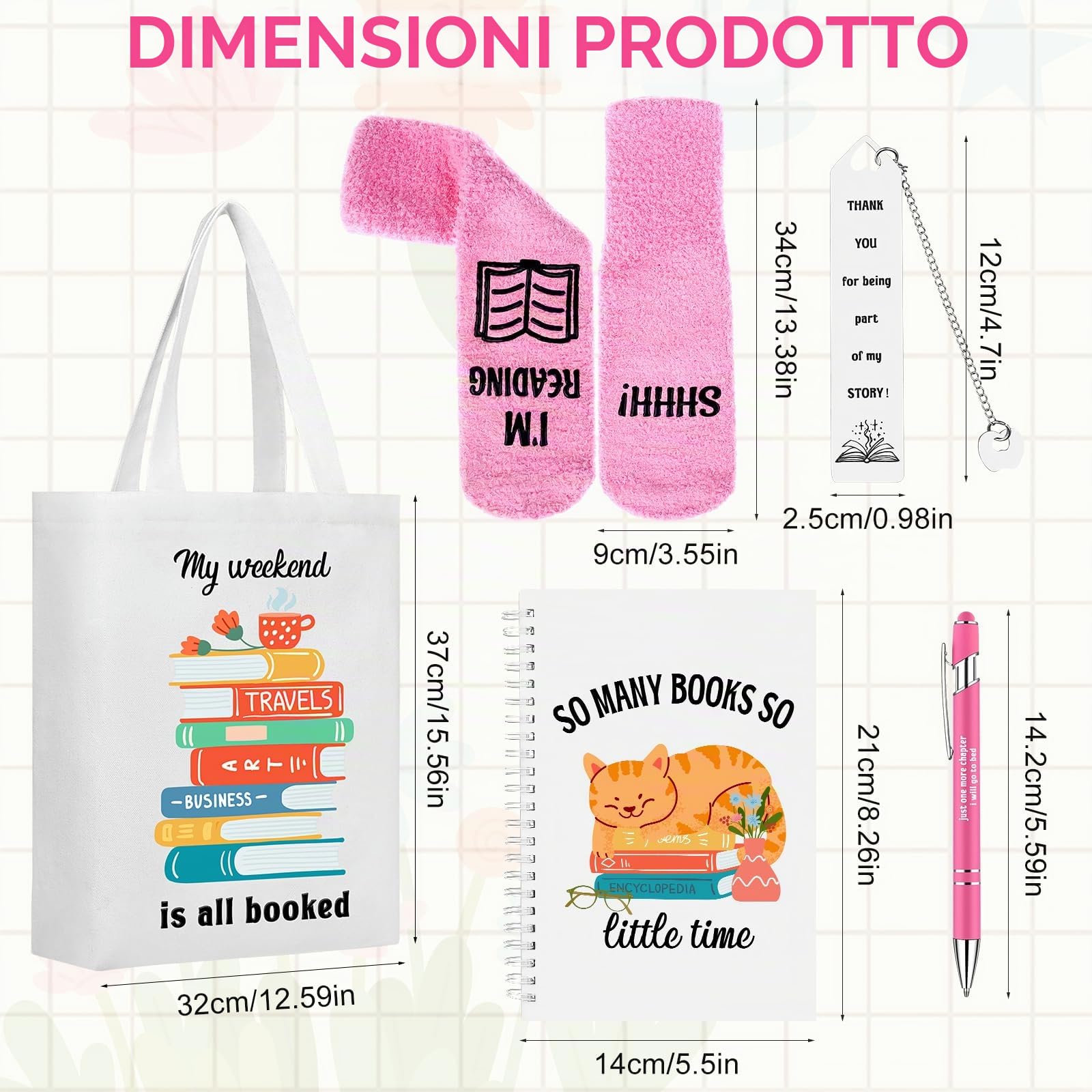 ULELE Set Regali per Amanti dei Libri 6 Pezzi, Set Regalo per Lettori, Accessori per Libri con Borsa in Tela, Borraccia 20oz, Calzini, Segnalibro, Quaderno, Penna a Sfera, Regalo a Tema Libri per