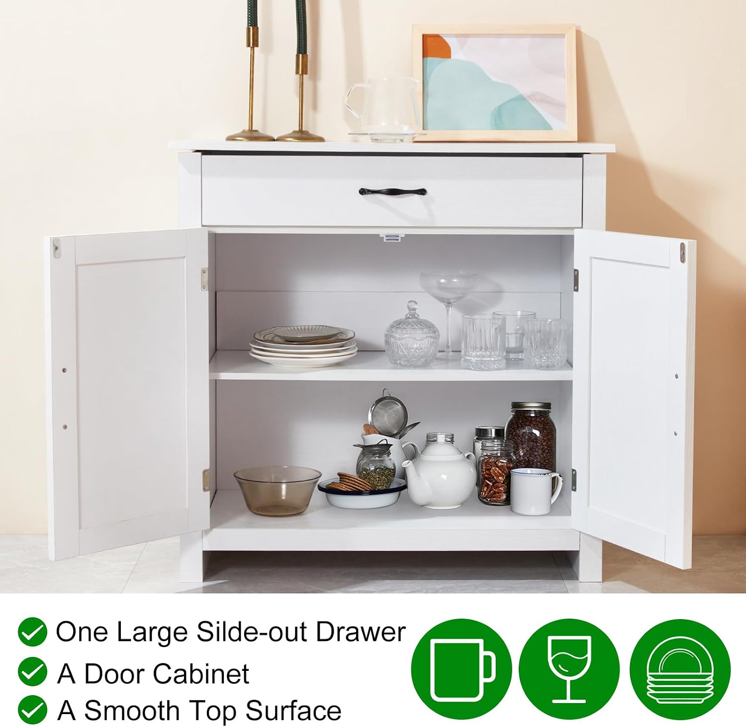 Buffet Sideboard with Doors, Modern Farmhouse Kitchen Storage Cabinet with Drawer and Adjustable Shelf, Coffee Bar for Kitchen, Dining Room, Bathroom, Entryway, White