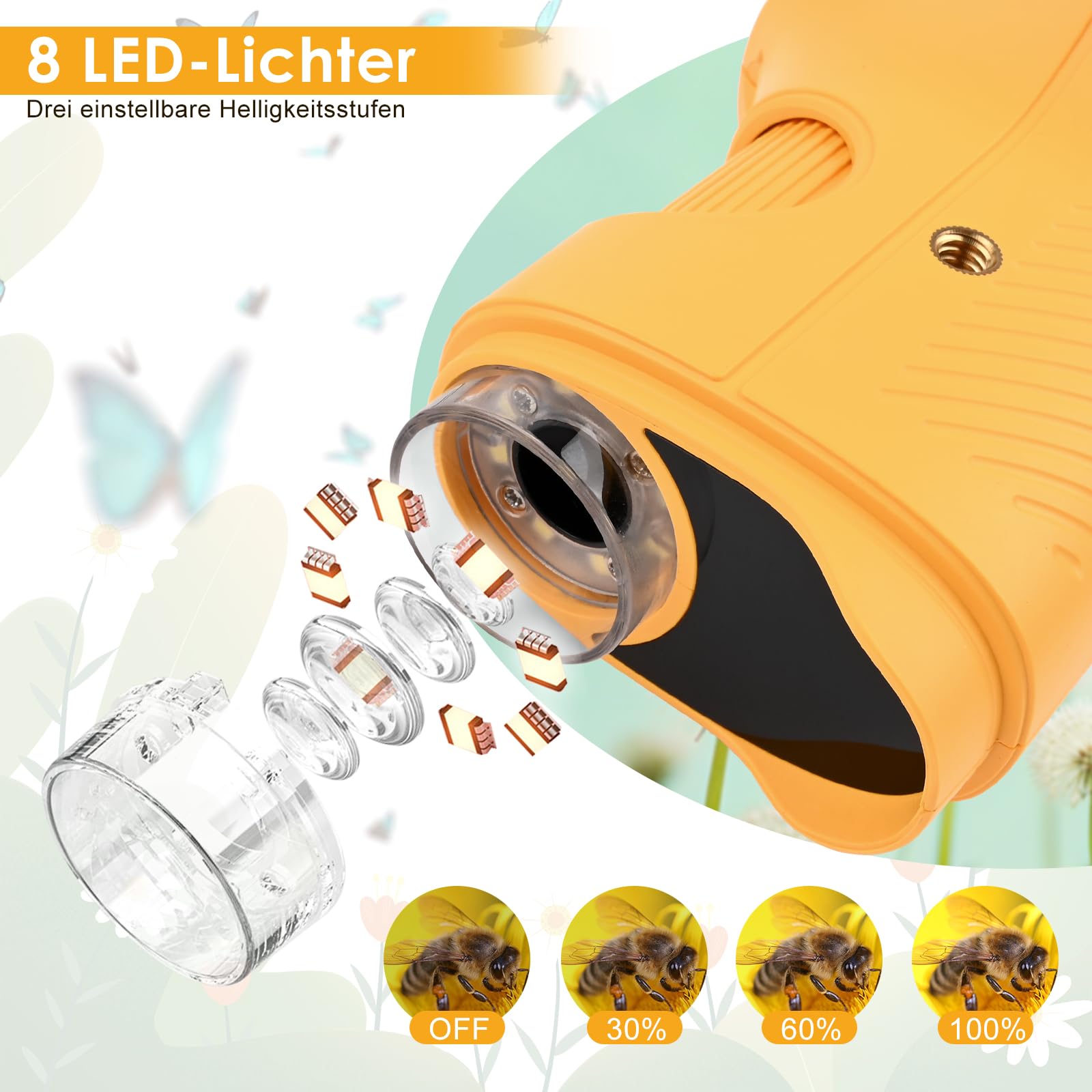 Mikroskop für Kinder 1000X 4K Digitales Mikroskop für Kinder mit 1080P HD 2,4″ IPS-Display & 8 LED, 1080P HD Tragbares Mikroskops,USB-aufladbar,Science Draussen ab 3 Jahren (Orange)