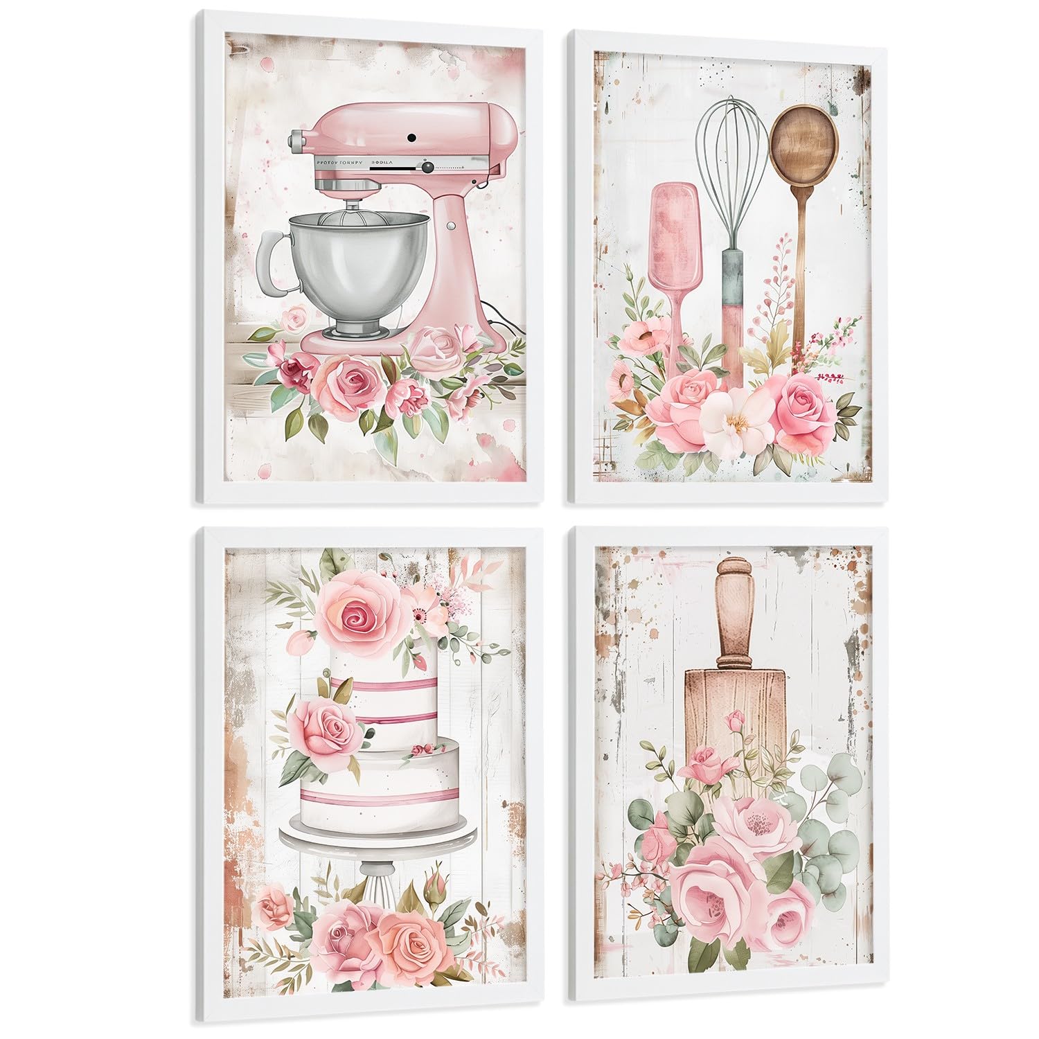 Nacnic Set De 4 Láminas Repostería Rosa Shabby Chic Cuadros Cocina Utensilios Tarta Y Flores Romántico Póster Decoración Pared A3 Marco Blanco