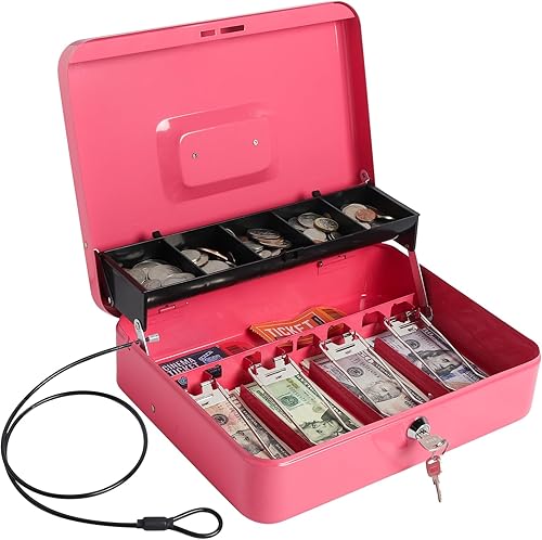Kasten Caja de efectivo con bandeja de dinero, caja de bloqueo de llave con cable de seguridad, organizador de dinero para efectivo, 11.8 x 9.5 x