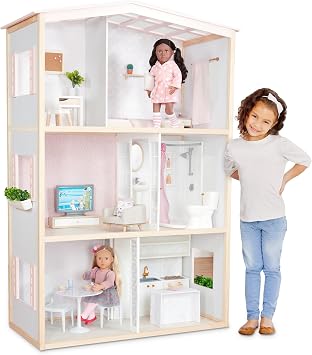 Our Generation Sweet Home 3 Tier Dollhouse, Furniture | For 18 inch dolls, includes 70 pieces in total with movable furniture, sound toilet and 2 planters, 3+ years