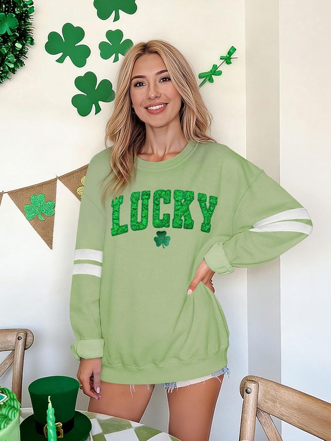 St Patricks Day Sweatshirt Women Luck Charms Embroidered Pullovers Oversized Irish Shamrock Graphic Applique Tops