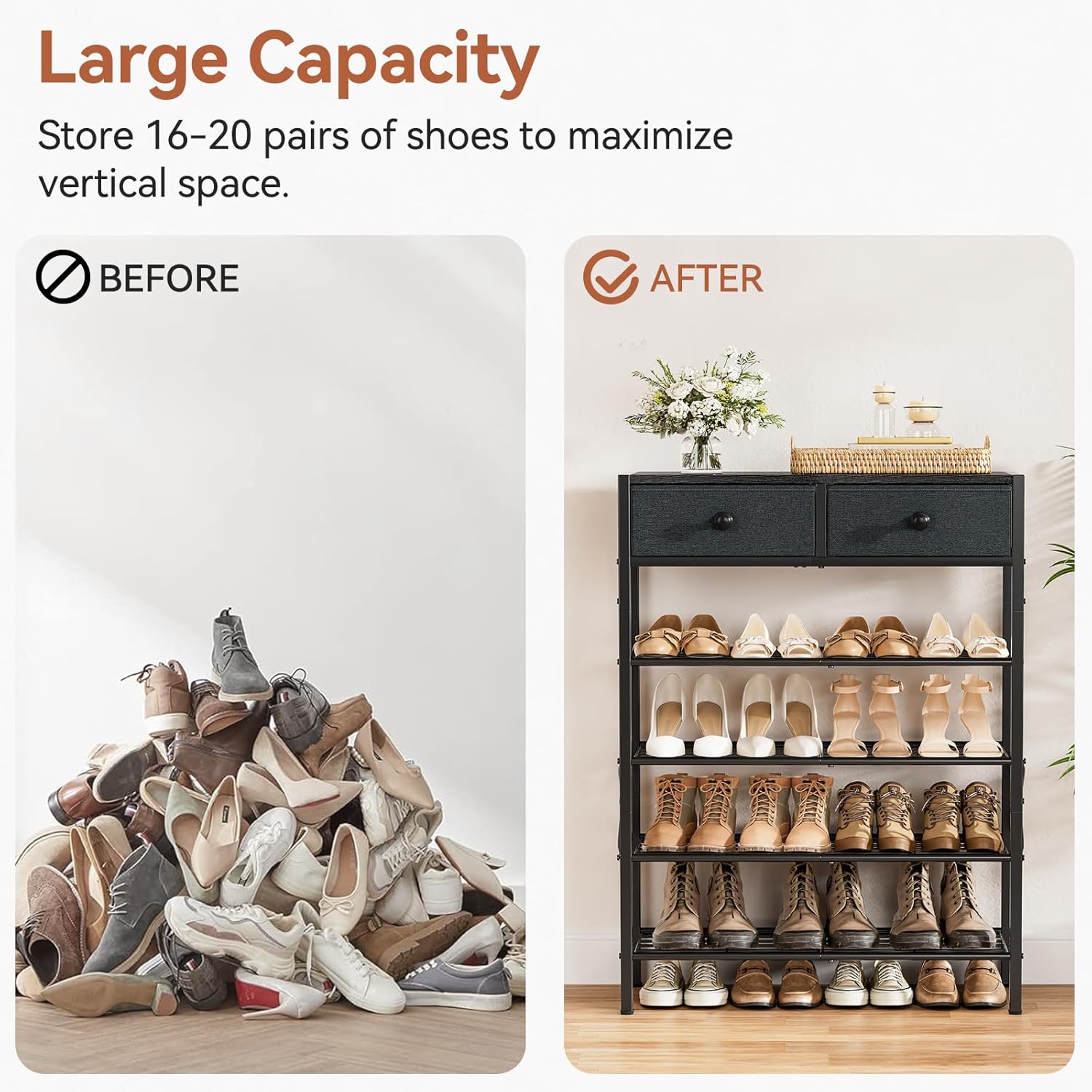 Before and after comparison showing a pile of shoes versus the same shoes neatly organized on the UNITSTAGE shoe rack.