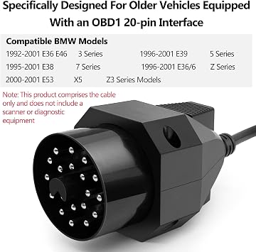 Car 20-Pin to 16-Pin Scanner Extension,OBD1 to OBD2 Adapter Cable, Compatible with BMW E36, E38, E39, E46, E53, Z3