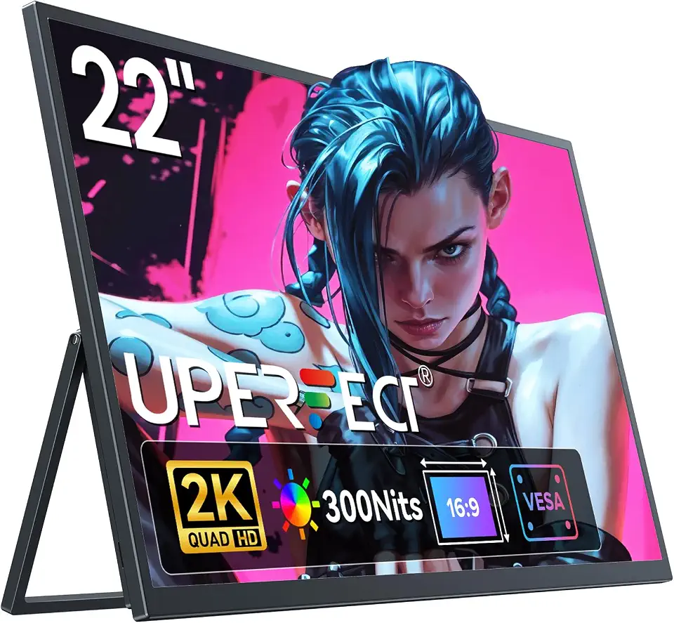 UPERFECT 22" Monitor Portátil 2K QLED com Suporte Ajustável VESA & 180°, 2560×1440 QHD FreeSync HDR para Jogo, Display USB-C HDMI para Notebook, Celular, PC e Consoles de Games