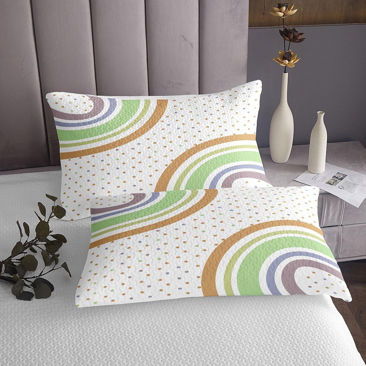 Homewish Juego de colcha con diseño de arcoíris, tamaño King, diseño geométrico, moderno, lindo, círculo, verde, amarillo, decoración de habitación, ropa de cama acolchada