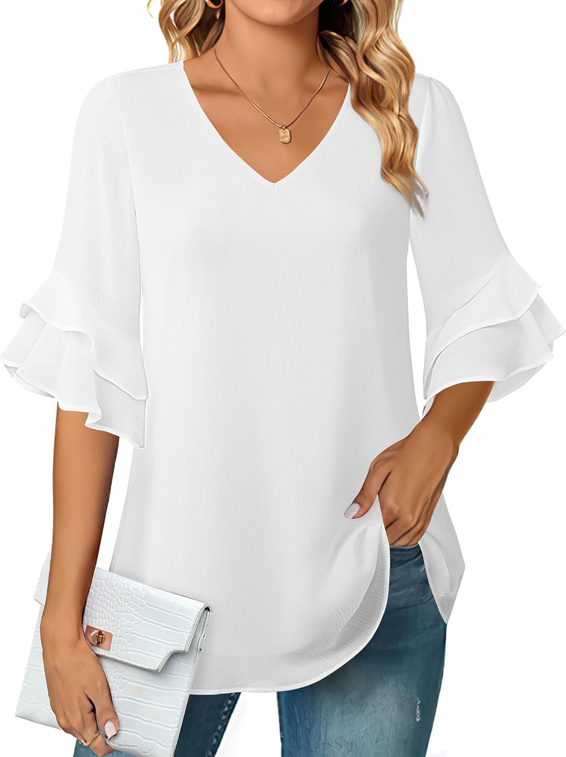 VALOLIA Womens Blouses 3/4 Sleeve Dressy Tops Business Casual Double Layers Shirts - Image 2