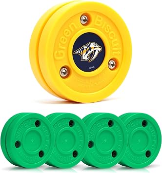 Green Biscuit 4-Pack Snipe New 2.0 Off Ice Hockey Pucks with 1 NHL Puck, Street Hockey Puck for Stickhandling and Shooting Practices - Official