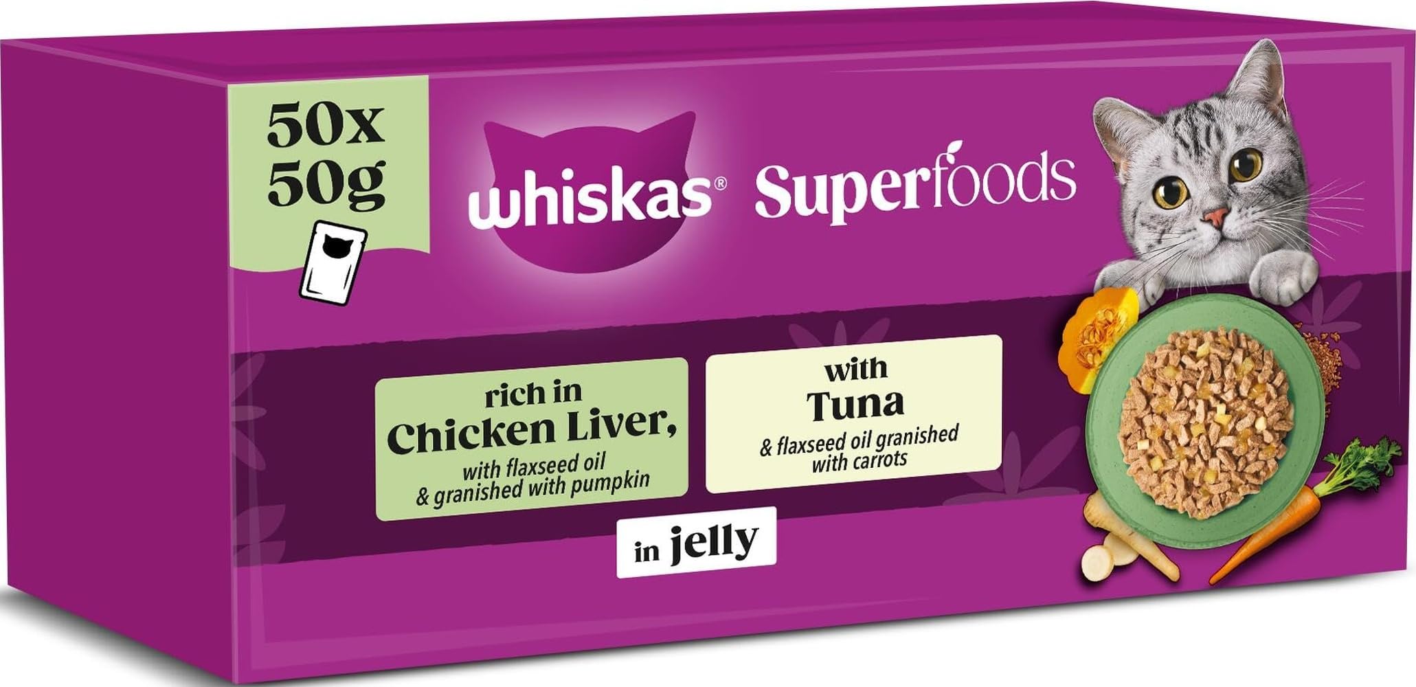 WHISKAS SUPERFOODS Adult Wet Cat Food in Jelly 50x50g Mixed