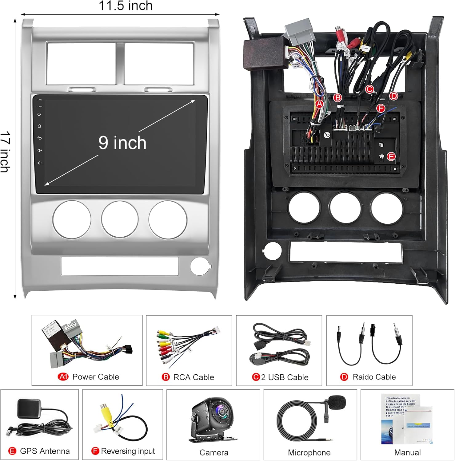 Diagram showing all included components: head unit, various cables, GPS antenna, backup camera, microphone, and manual.
