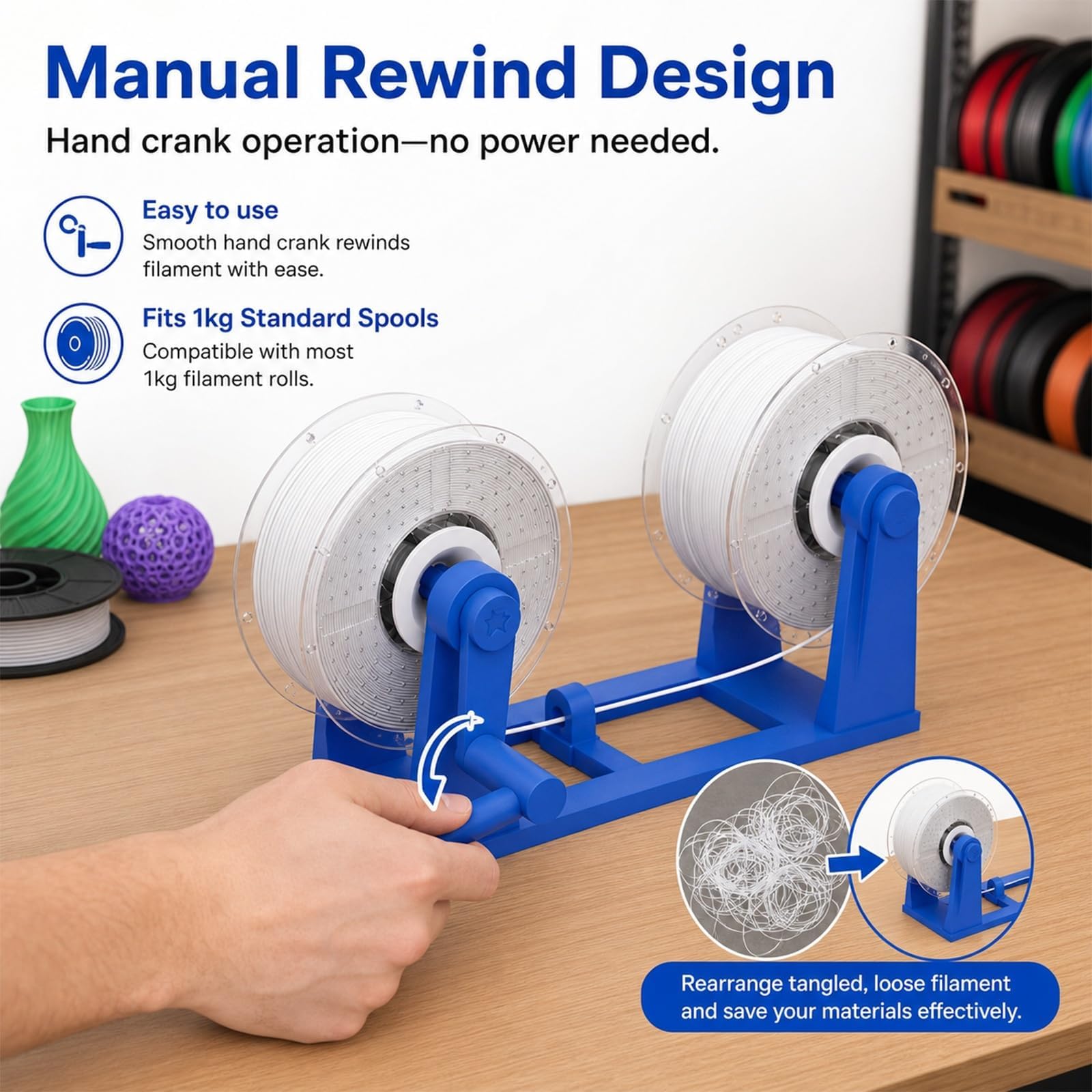 3d-filament-umspulmaschine, Handbetriebener 1-kg-spulenwickler, Doppelspulenhalterung, Filamentrollen-organizer, Integrierte Drahtbegrenzungsführung, Für 3d-druckstudios Und Heimwerkerprojekte