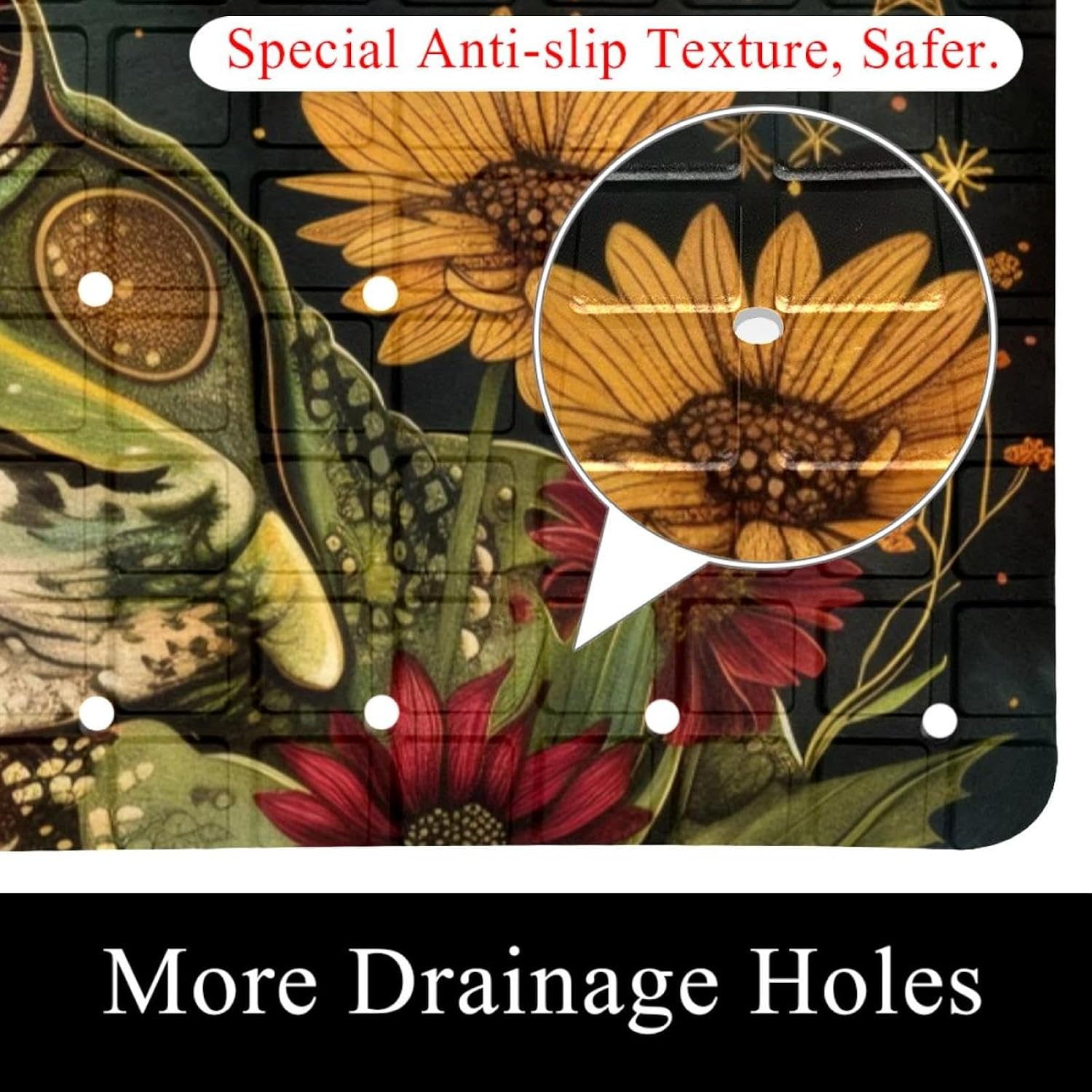 Boho Moon Stars Aesthetic Floral Funny Frog Bath Tub and Shower Mats, Non Slip Bathmat with Drain Holes and Suction Cups for Bathroom Floor, 15.1 x 26.8 Inch