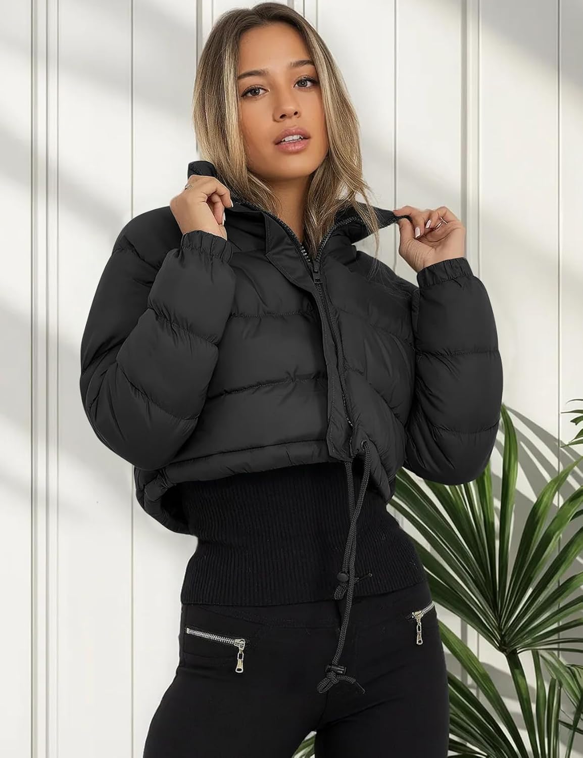 Flygo Women Cropped Puffer Jacket Winter Long Sleeve Quilted Puffy Bubble Padded Short Coats with Drawstring - Image 6