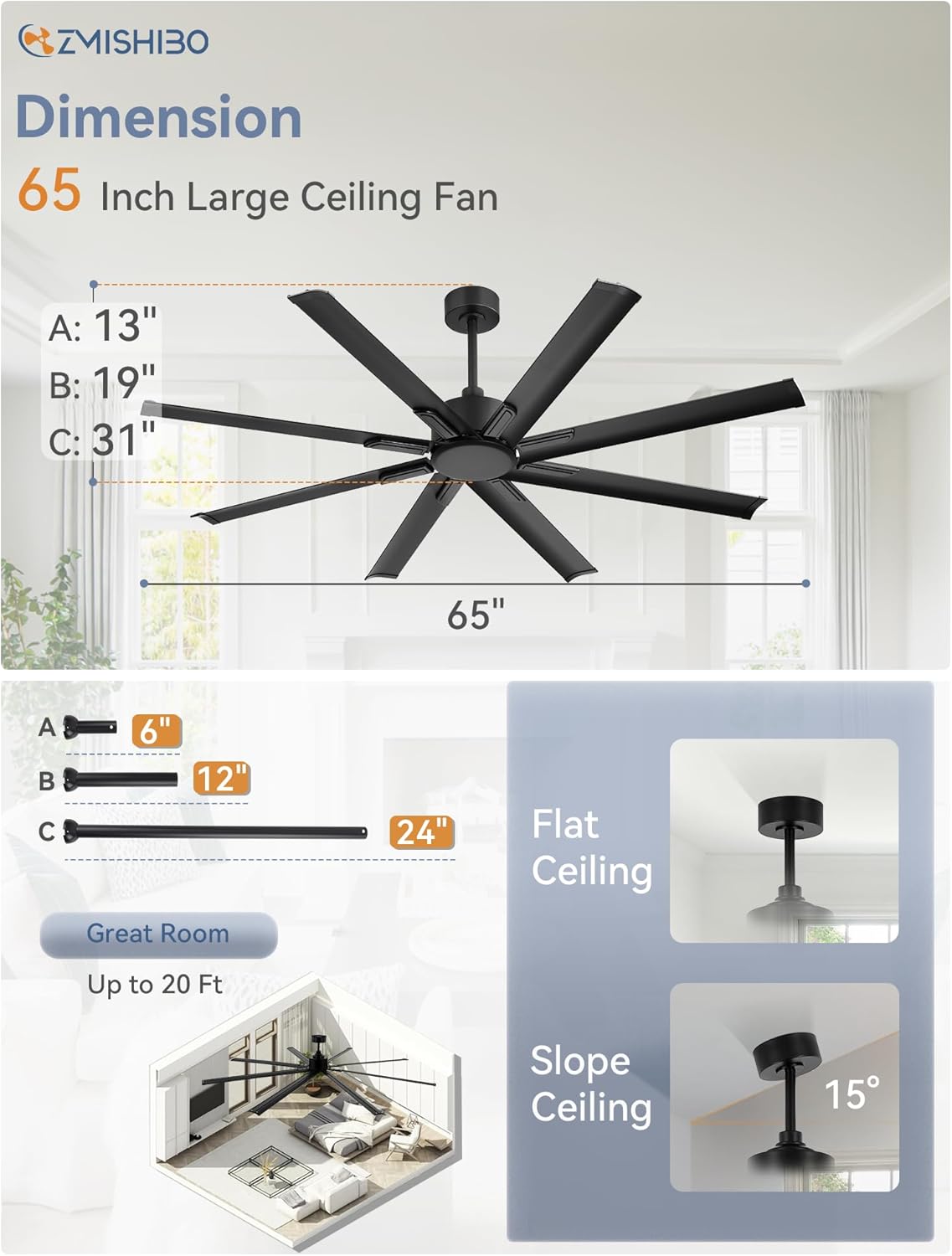ZMISHIBO 65 Inch Industrial DC Motor Ceiling Fan speed settings for different activities