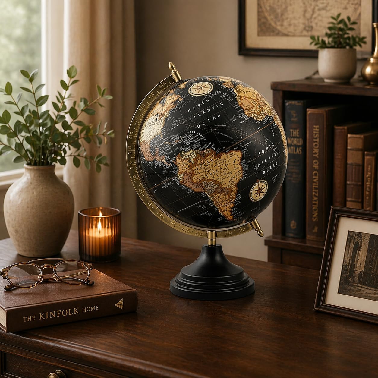 Vintage Black World Globe with Metal Meridian & Base – Antique