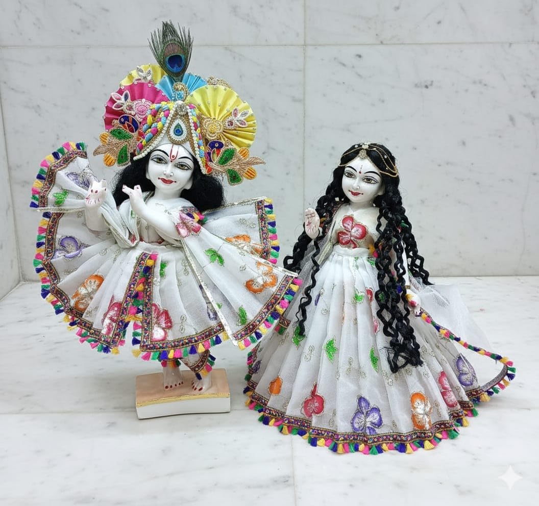 Sugandhit’s Handcrafted Holi Special Radha Krishna Deity Pant Style Dress On White net Silk Fabric 3 Layered poshak Deity (Pagari not Included in Dress Price) (9-inch Deity Radha Krishna poshak)-image-19