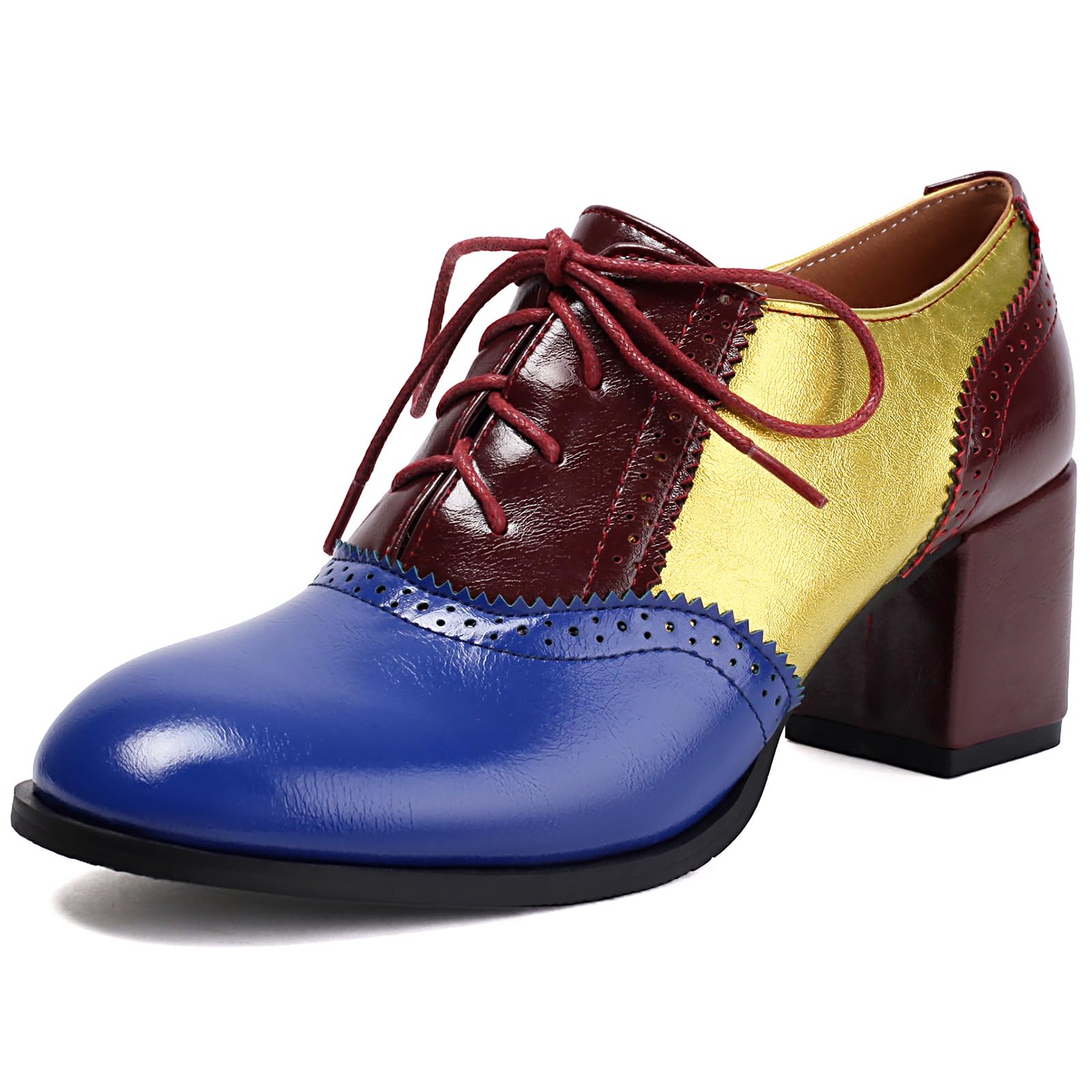 Mixed Colors Vintage Oxfords Lace Up Classic Sewing Brogue for Women Block LowHeel Round Toe Mary Jane