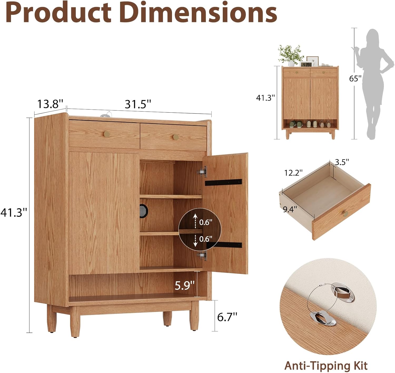 31.4"W wooden shoe cabinet storage for entryway,Free Standing Shoe Racks with 2 Adjustable Shelves and 2 Drawers, Shoe Rack Organizer for Entryway, Hallway, Closet, Living Room,Natural wood color