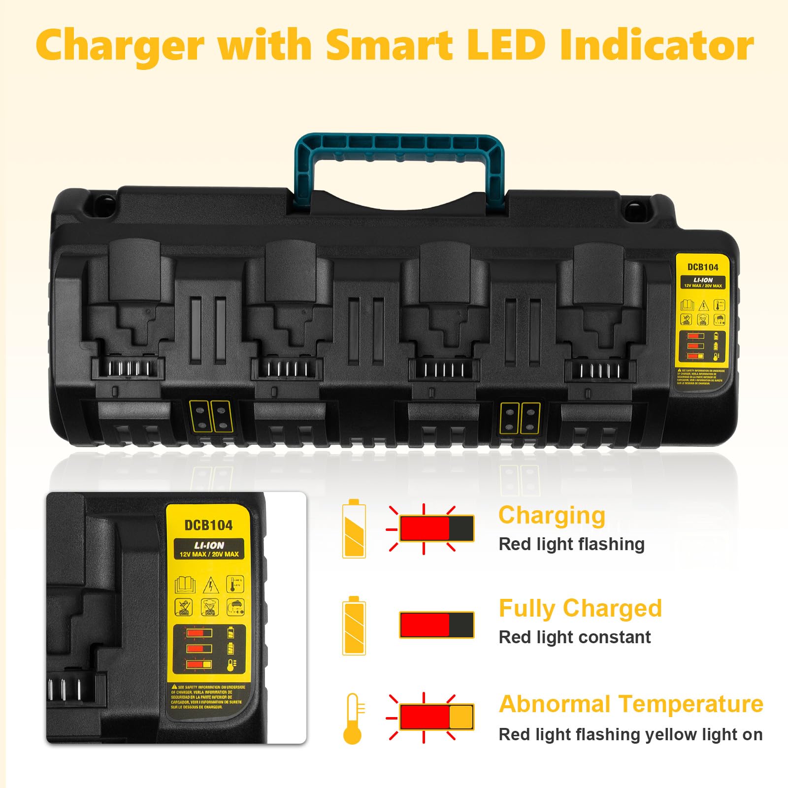 DCB104 4-portowa szybka ładowarka do akumulatora DeWalt 20V/60V Max, z portem USB kompatybilna z baterią DeWalt 20V/60V DCB206 DCB208 DCB205 DCB606 DCB609Y DCB612 i ładowarką DCB104 DCB107 DCB1155