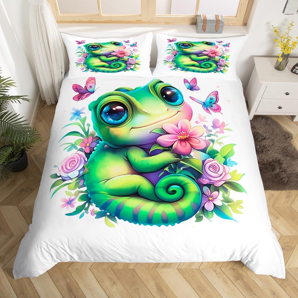 Erosebridal Cute Green Lizard Comforter Cover Toddler Cartoon Animal Bedding Set Reptile with Butterfly Duvet Cover for Kids Boys Girls Room Decor,Jungle Wildlife Colorful Flowers Quilt Cover