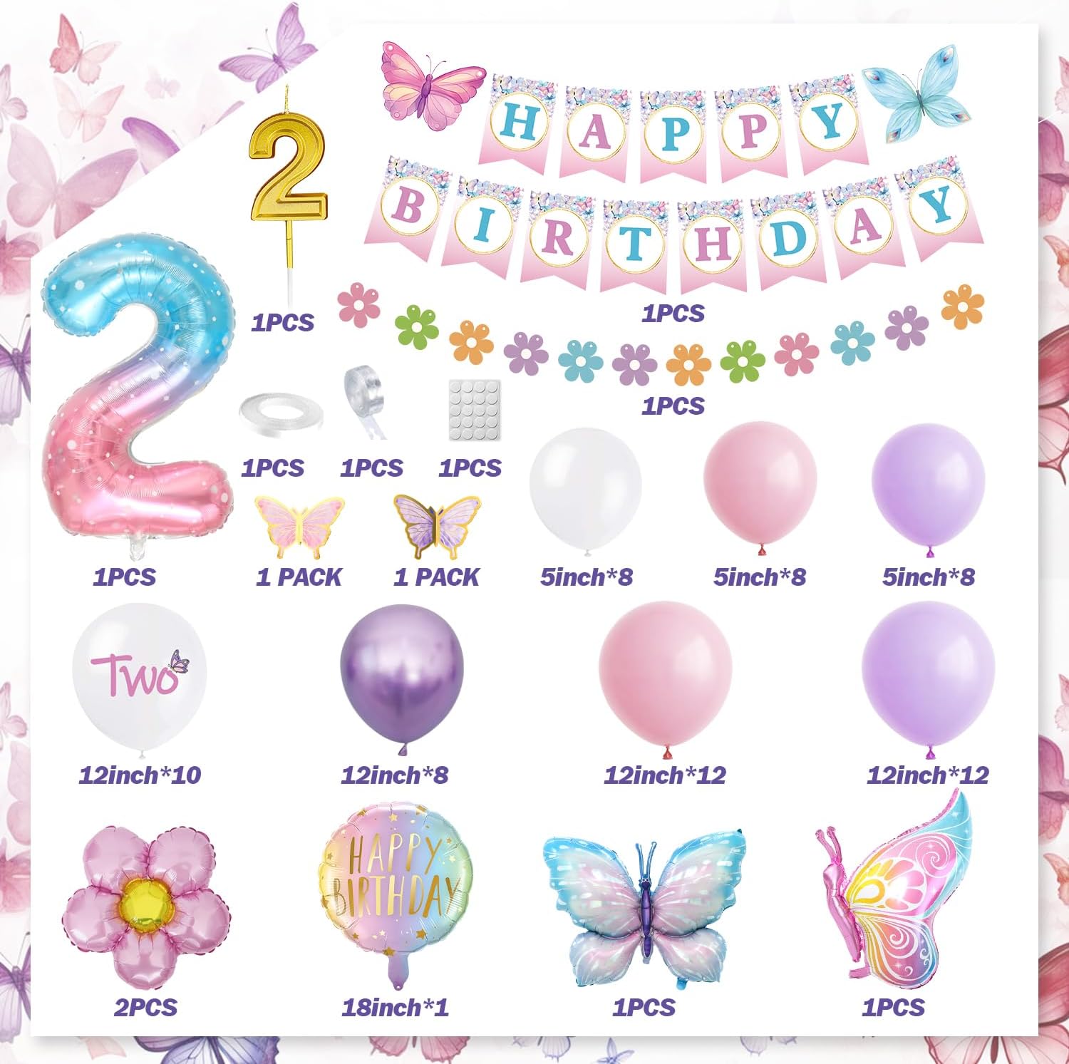 Birthday Balloons 2 Years, Purple Pink Birthday Balloons, Birthday Decorations 2 Years, Set with Butterfly Foil Balloons, Happy Birthday Banner, Number 2 Balloon, Butterfly Stickers