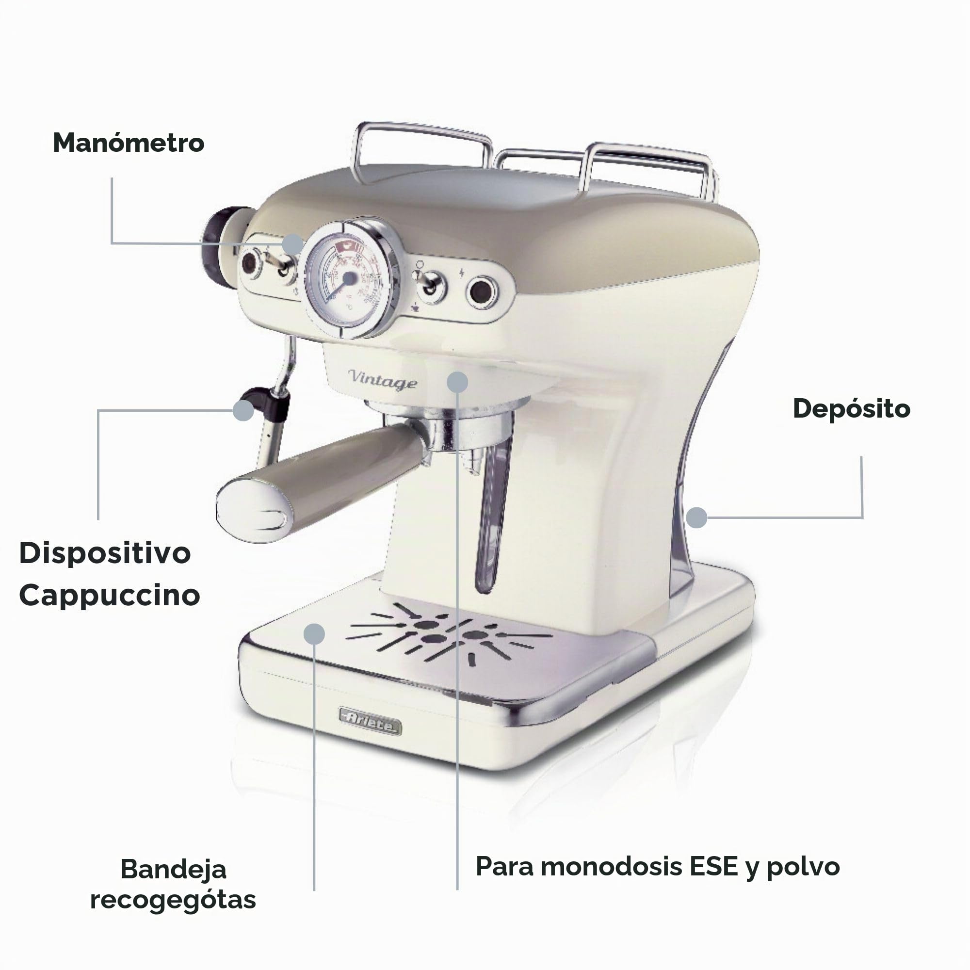 Ariete 1389/13 CAFETERA Espresso Vintage, 900 W, 0.9 litros, 15 bares, maxicapuccino, porta filtro para monodosis y café en grano, plástico Beige