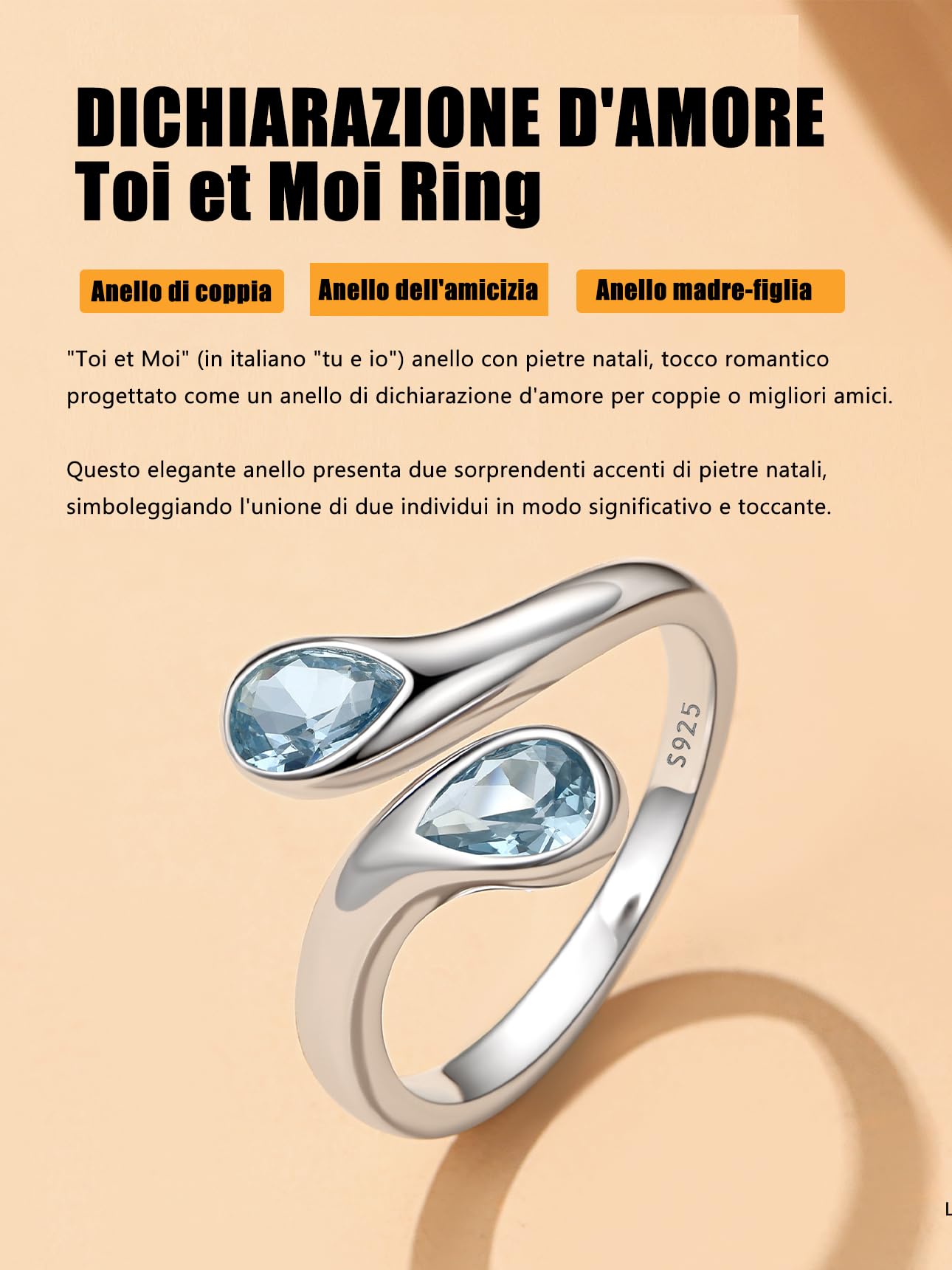 Bestyle Anello Donna Argento 925, Anelli Donna Regolabile con 12 Mesi Pietra di Nascita, Anello Argento/Oro Portafortuna a Goccia, Idee Regalo per Ragazza Fidanzata Anniversario Compleanno Natale.