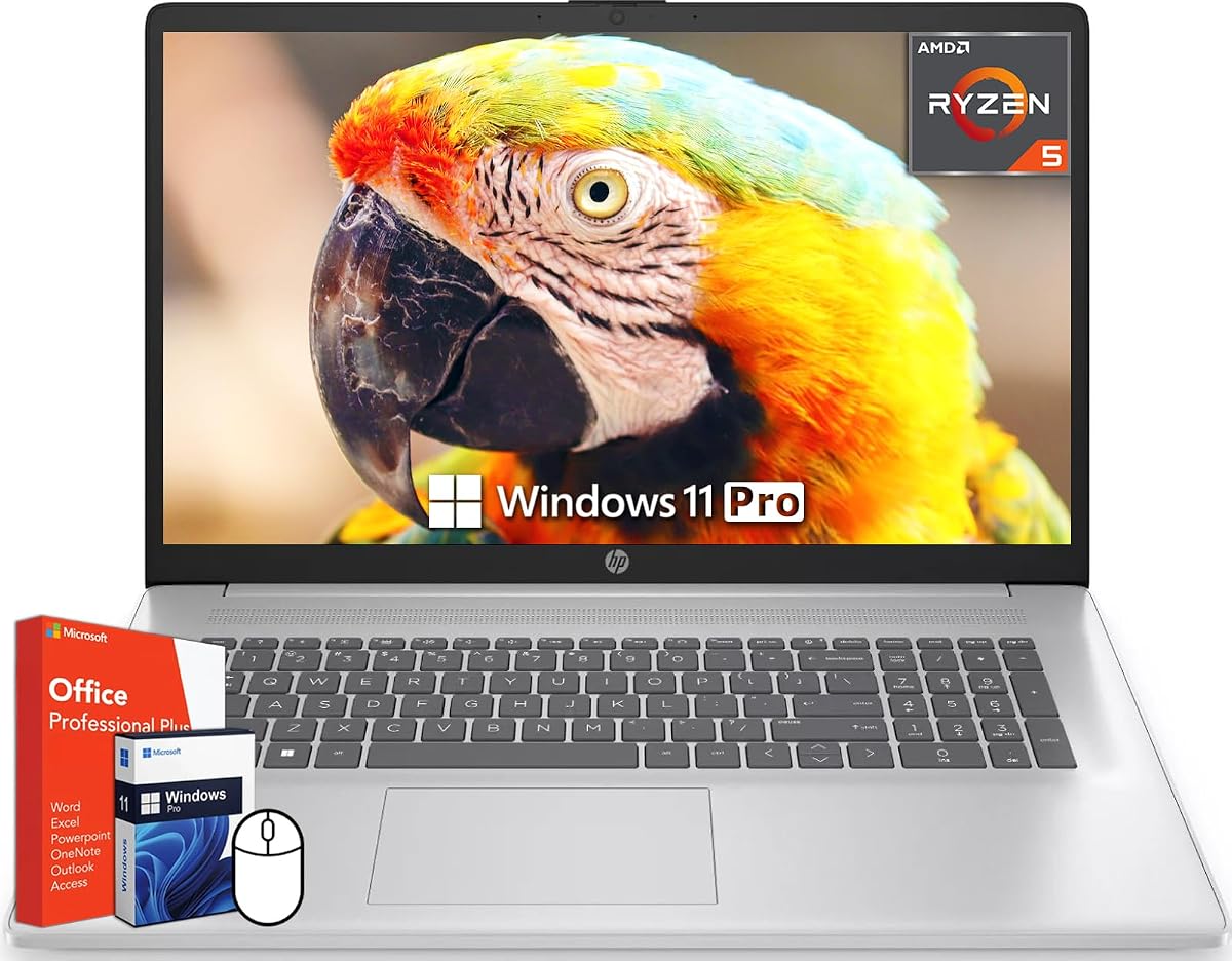 Laptop HP de 17 pulgadas, AMD Ryzen 5 7430U, 64 GB de RAM, 4 TB SSD, pantalla FHD de 17,3", gráficos AMD Radeon, batería de larga duración, antirreflejos, Wi-Fi 6, licencia de por vida de Microsoft Office y Windows 11 Pro
