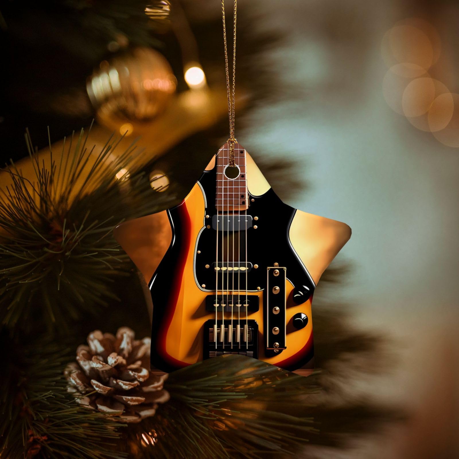 Christmas Ornaments for Christmas Tree Decoration Hanging Instrumental Guitar Ornament with Gold Ribbon Crafts Star Shape Ceramic Pendant for Keepsake Gifts Xmas Decor Party Supplies