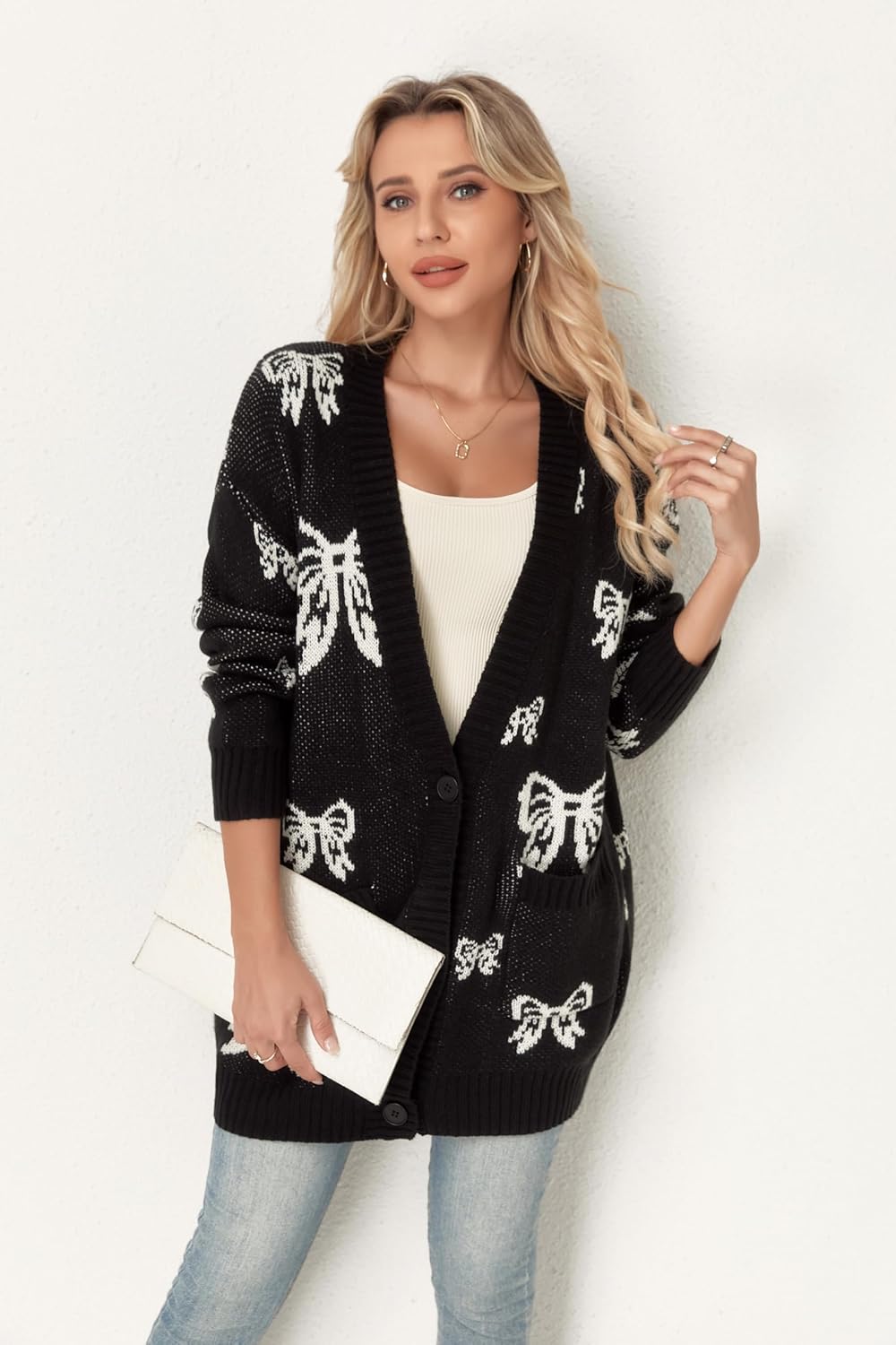 Women's Button Down Open Front Cardigan Knit Sweaters with Pockets Star Bow Print - Image 6