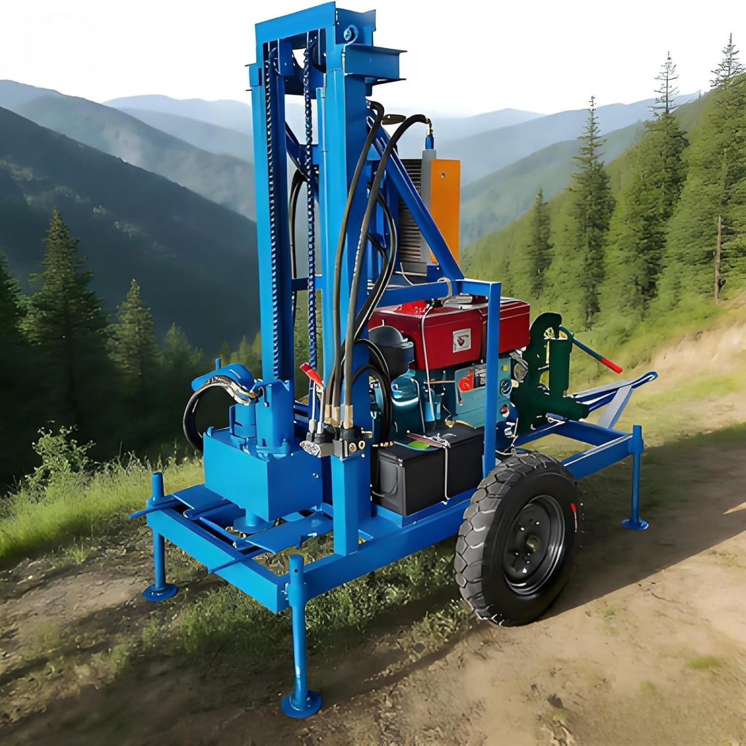 Hydraulic Water Well Drilling Rig Wheel Portable Heavy Duty Borehole Drill Machine 80m-220m Drilling Depth for Home Yard Farm Irrigation Residential Water Supply Shallow Deep Well Drilling Use