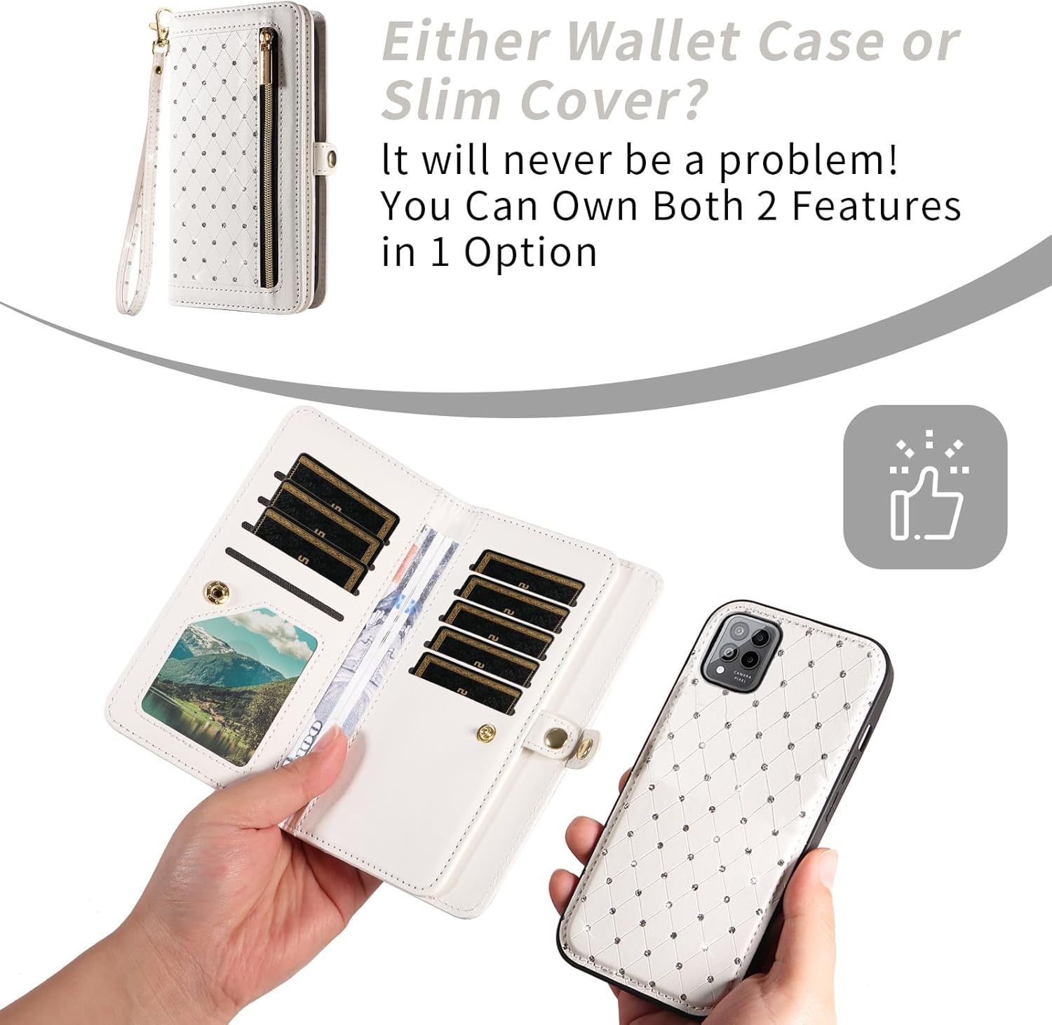 Phone Case for T-Mobile Revvl 6 Pro/6X Pro 5G Zipper Wallet Detachable Cell Cover with Screen Protector Crossbody Strap Bling Flip Credit Card Holder Tmobile Revel X Tmo Revell T Mobile Women White