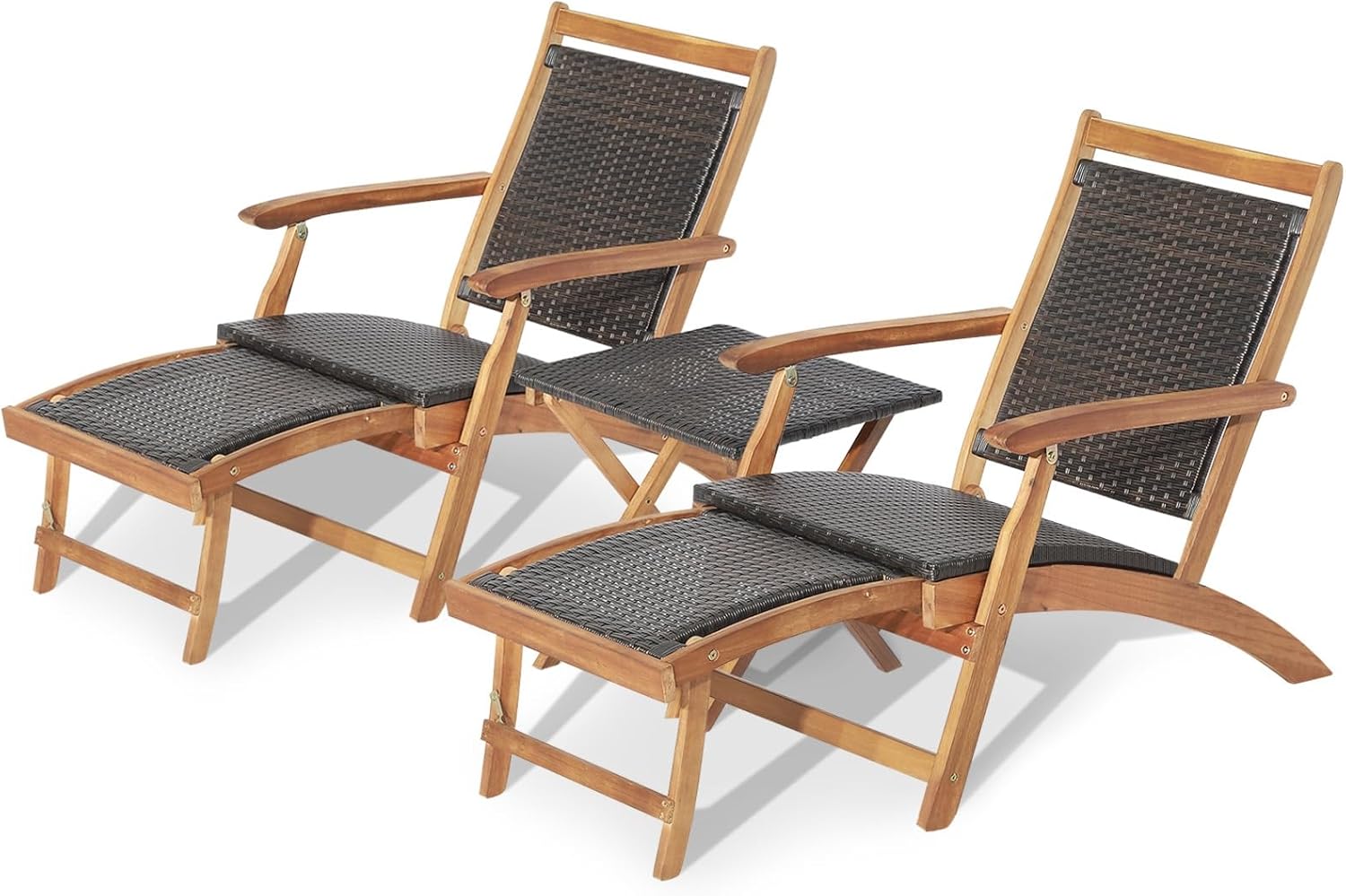 RELAX4LIFE Patio Chaise Lounge Chair Set of 3, Acacia Wood Folding Rattan Wicker Chairs w/Retractable Footrest, Side Table, 3-Piece Outdoor Patio Furniture, Fire Pit Deck Chairs Set for Porch Poolside