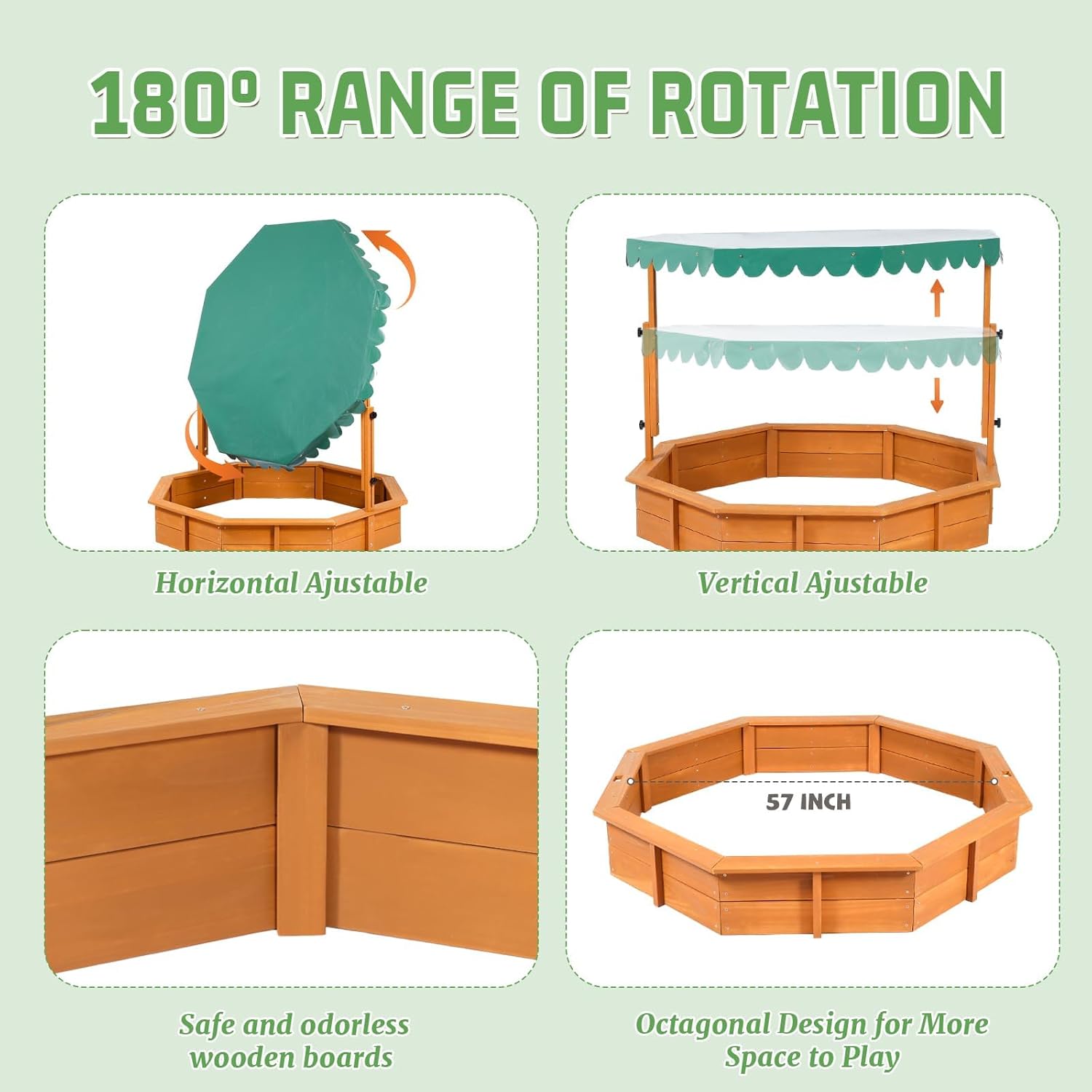 Sandbox with Lid Wood Toddler Sand Boxes with Canopy for Backyard Garden Octagonal Sandbox with Cover Outdoor Playhouse with Adjustable Lid for Aged 3-10 Years Old