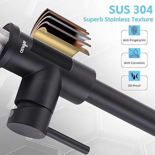 Vista 183 de APPASO Grifo de cocina cuadrado con filtro, grifos de fregadero de 3 vías negro mate con rociador extraíble, 2 modos, arco alto, moderno, 2 asas