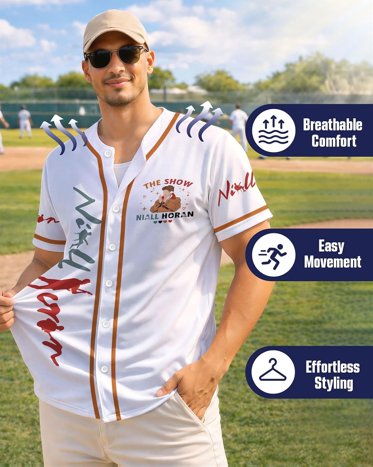 Men's Classic Baseball Jersey - Short Sleeve Button Down Hip-Hop Streetwear Shirt - Lightweight Breathable Mesh Fabric, Music