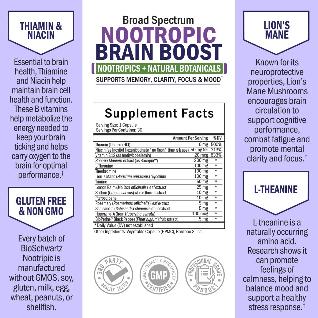 Nootropic Brain Boost Supplement with Bacopa, Lions Mane & Taurine - for Memory, Clarity, Stress & Mood Support - Promotes Alertness & Focus - Broad Spectrum Formula -30 Capsules