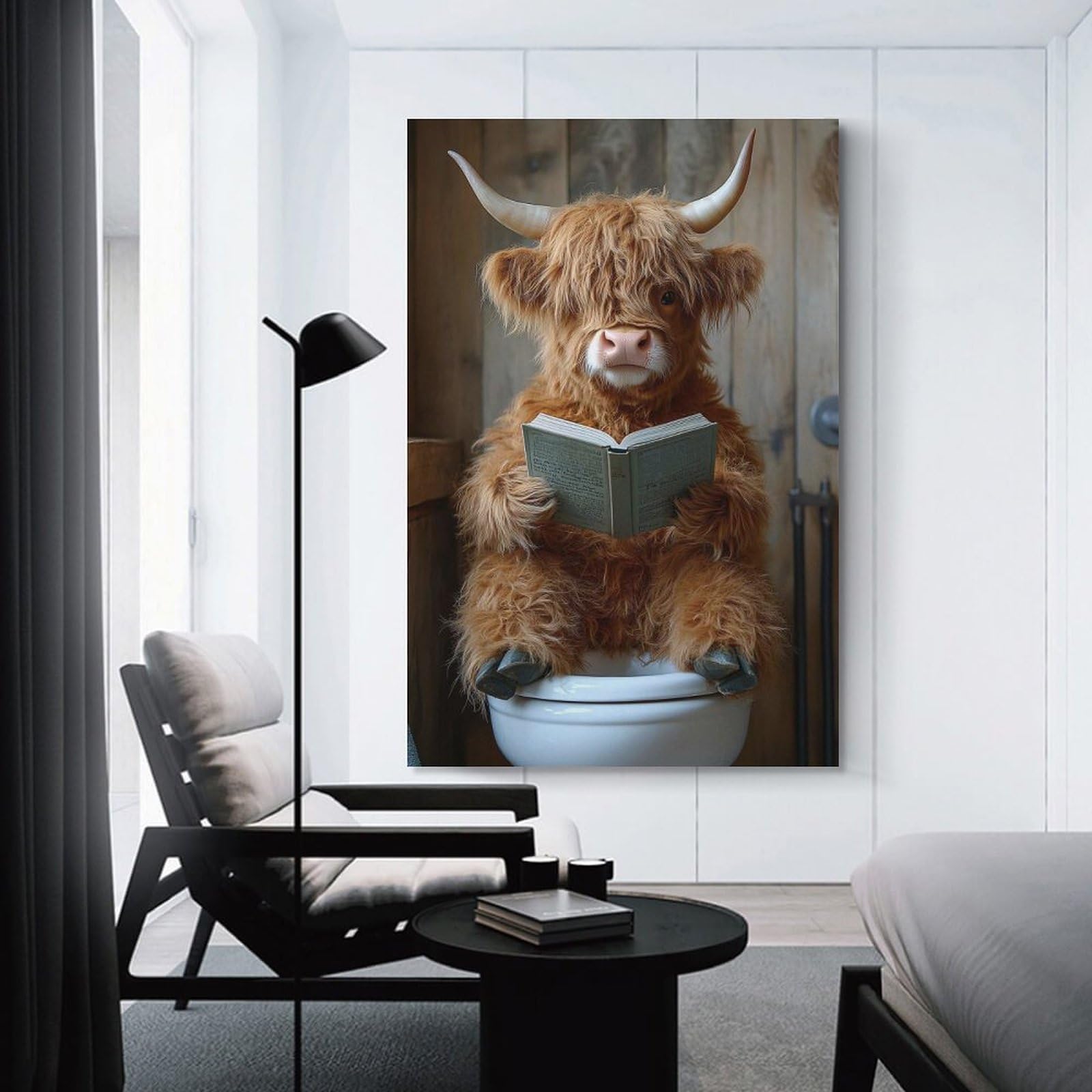 Junmoney Unframe-Style-4 Wall Picture Print Highland Cow Reading On Toilet Poster, Picture, Metal Print, Paint By Creed, 12X18inch(30X45cm), For Entrance Walls, Hall Decor Or Foyers, Home Artwork For First Impressions