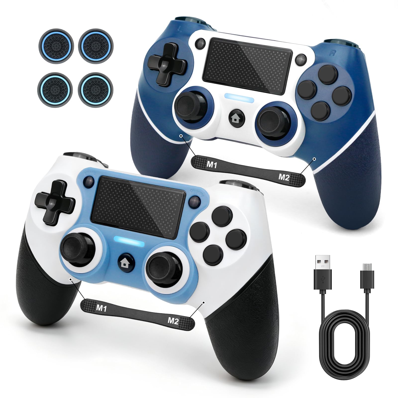 2 Pack Controller for PS4 with Thumb Cap,Wireless Controller with Programmable Back Buttons for PS4/Pro/Slim/PC,1000mAh Battery/Dual Vibration/Hall Effect Joystick/Touch Pad/6-Axis Gyro/3.5mm Jack