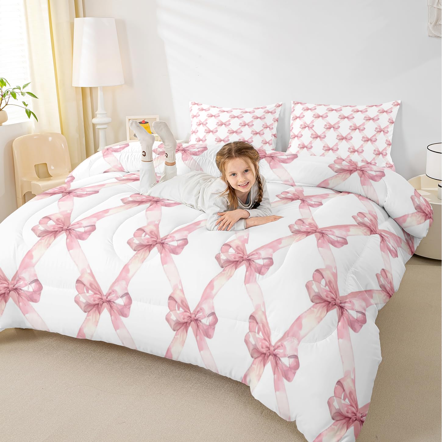 Pink Bowknot Comforter Set,Dreamy Princess Style Kids Girls Bedding Set Kids Teens Modern Decor,Watercolor Bow Geometric Grids White Comforter with 1 Pillowcase for All Seasons,Twin
